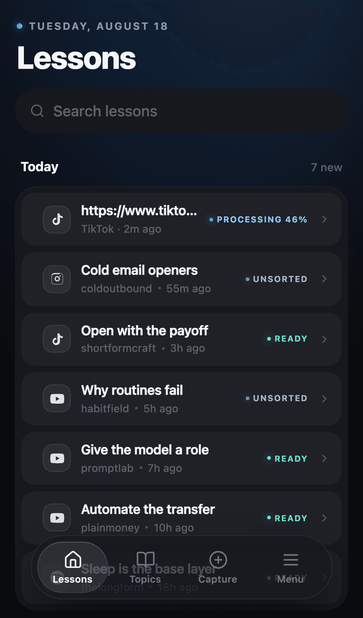 The lesson feed, with one item still processing and the rest marked ready